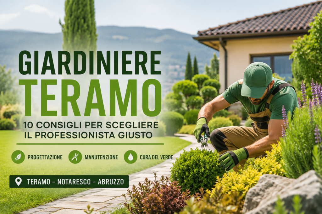 Giardiniere professionale a Teramo durante la manutenzione di un giardino moderno in Abruzzo